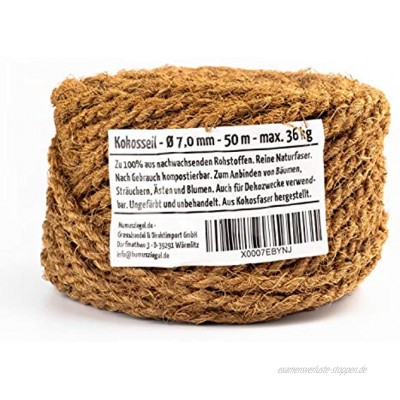 Humusziegel Kokosseil 7 mm x 50 m – ungefärbte Naturfaser – Verwendbar als Sisal Seil für Kratzbaum Baumanbinder Paketschnur Pflanzenband & als Deko