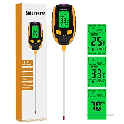 5-IN-1 Bodentester pH-Meter Digitaler Pflanzen Thermometer-Tester mit Beleuchtungsstärke Bodentemperatur Feuchtigkeit PH  Umgebungsfeuchtigkeit,für Topfpflanzen Gärten Rasen