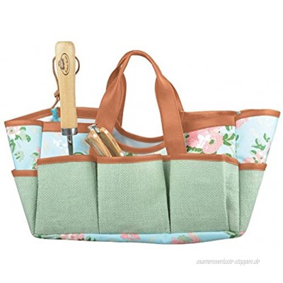 Esschert Design Jute Gartengerätetasche mit Rosendruck 29 x 24 x 25 cm mit zahlreichen Taschen faltbar mit Tragegurt
