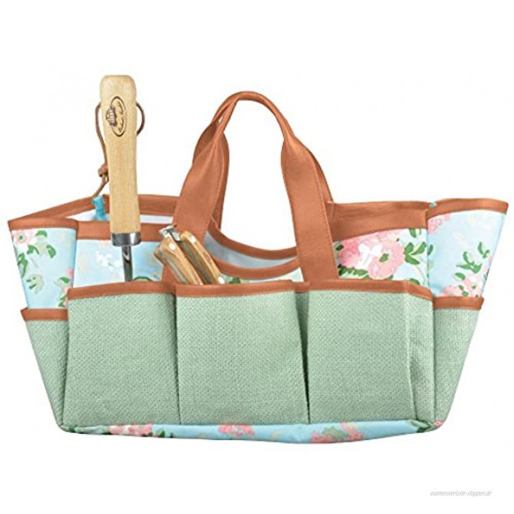 Esschert Design Jute Gartengerätetasche mit Rosendruck 29 x 24 x 25 cm mit zahlreichen Taschen faltbar mit Tragegurt