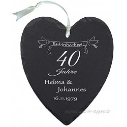 Geschenke 24 Schieferherz "Rubinhochzeit" individuelles Herz aus Schiefer mit Namen bedrucken Geschenk für Ehepaare zu 40. Ehejubiläum