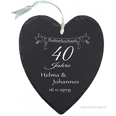 Geschenke 24 Schieferherz "Rubinhochzeit" individuelles Herz aus Schiefer mit Namen bedrucken Geschenk für Ehepaare zu 40. Ehejubiläum