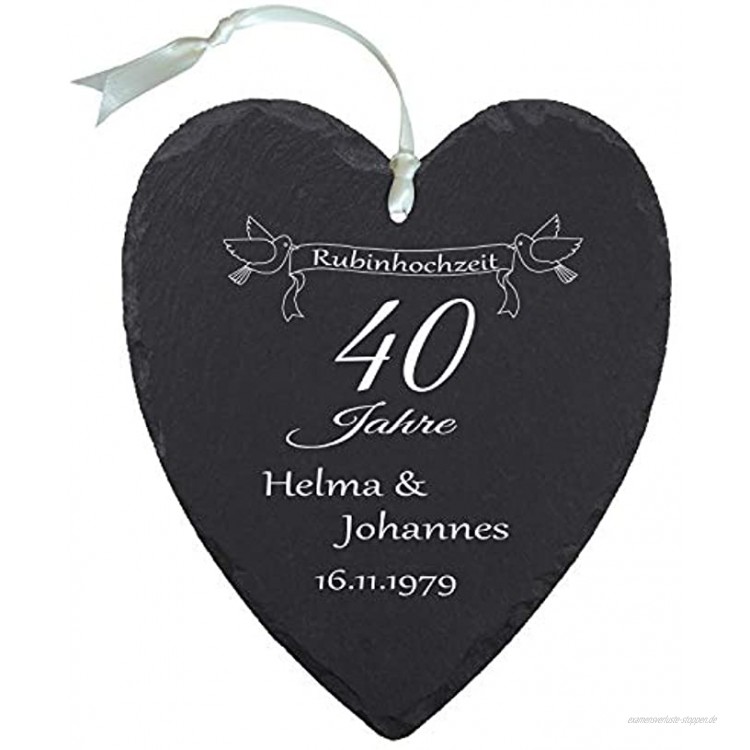 Geschenke 24 Schieferherz Rubinhochzeit individuelles Herz aus Schiefer mit Namen bedrucken Geschenk für Ehepaare zu 40. Ehejubiläum