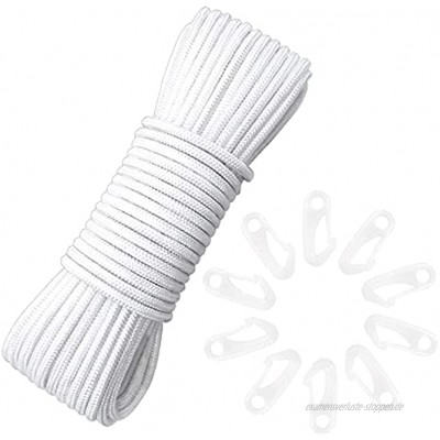 15M Fahnenmast Seil mit Fahnenmast Clip 6mm Wäscheleine Nylonseil Weiß Garten Seil Reißfester Nylonschnur Kletterseil Rettungseil für Fahnenmast Kleidung Garten Camping