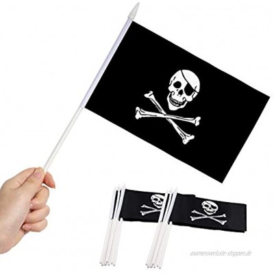 Anley Jolly Roger 5x8 Zoll Handgehaltene Mini-Flagge mit 12" weißem durchgeHändem Stab Piraten-Stickflagge lebhafte Farbe und Ausbleichfestigkeit 5 x 8 Zoll Handgehaltene Stickfahnen