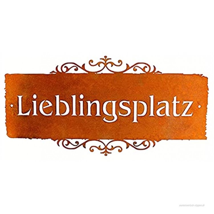 Rerum & Consilium Schild Lieblingsplatz Dekoschild in Edelrost-Optik I Made in Germany I 40 x 19 cm I 401 g I Stahl